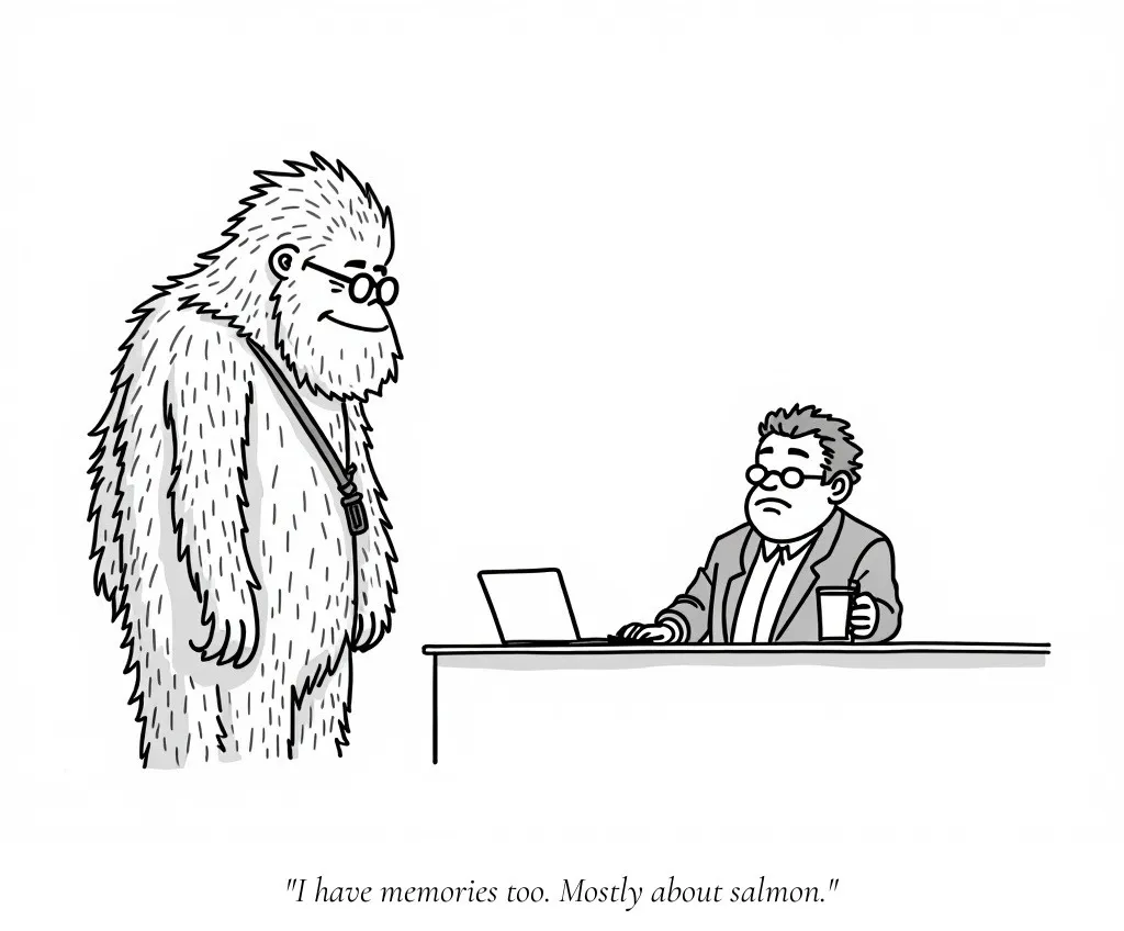 A New Yorker-style cartoon of Bigfoot at a bar with a nerdy tech person