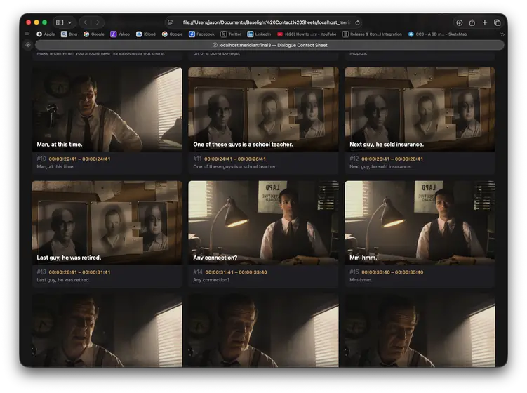 Webpage contact sheet of dialogue thumbnails with Whisper transcriptions, served from the Baselight app script